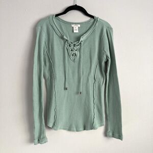 Sundance Shirt Womens Teal Thermal Waffle Knit Top Size Medium Lace Up Chest